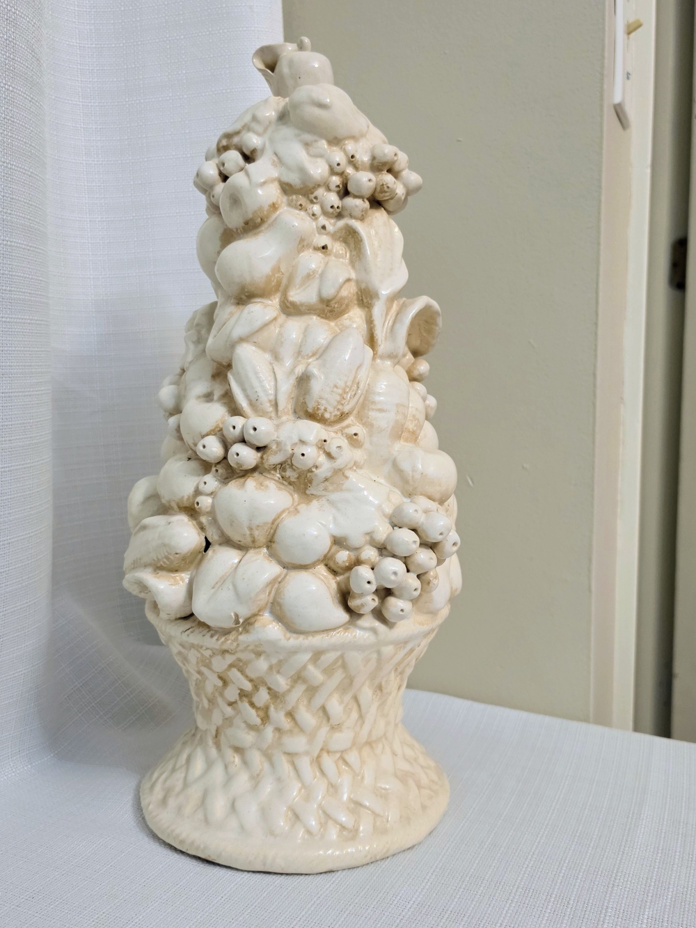 Majolica Fruit Topiary 16.5 In Basket Weave Weathered Cream Centerpiece Table
